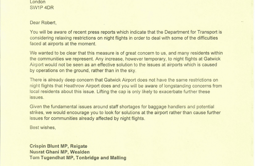 letter expressing concern over suggestions to lift cap on night flight restrictions at Gatwick Airport